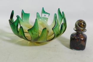 A studio glass bowl, 29cm diameter, and Mdina bottle with stopper