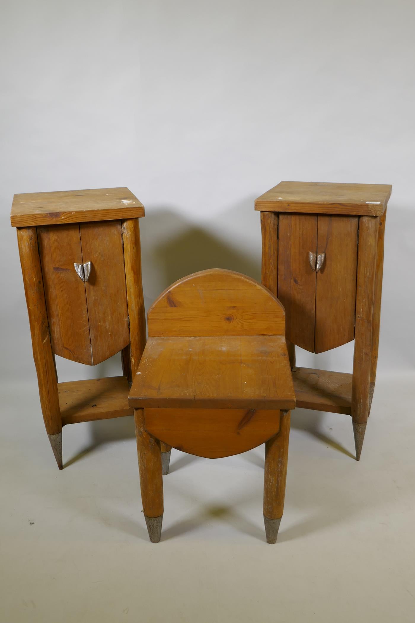 A pair of pine bedside cupboards and a pine stool, ensuite to the previous lot, with the same Paul
