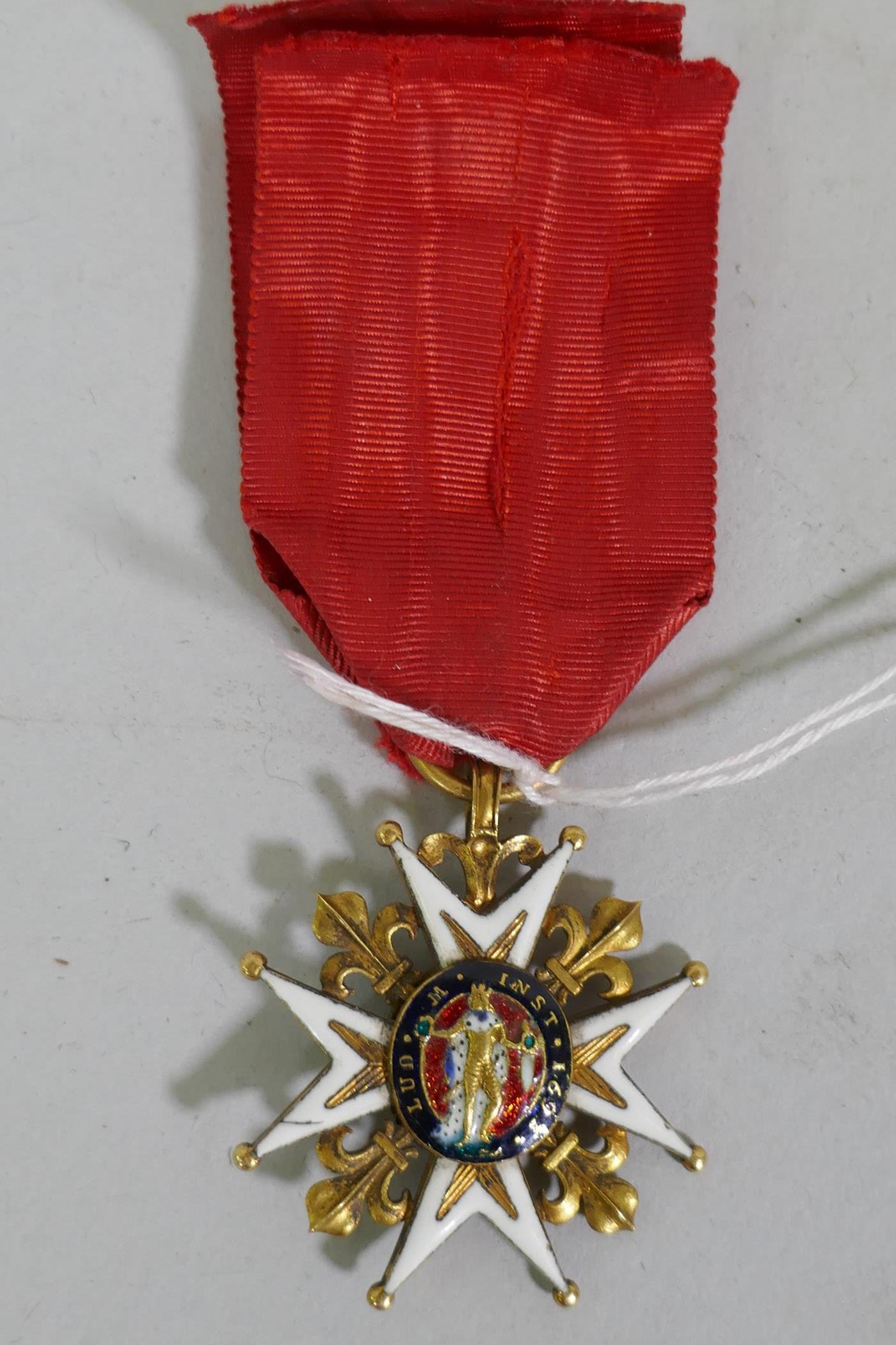 A French military medal, Ordre de Saint Louis, in gold and enamels, 37mm, 16.2g gross, with red silk