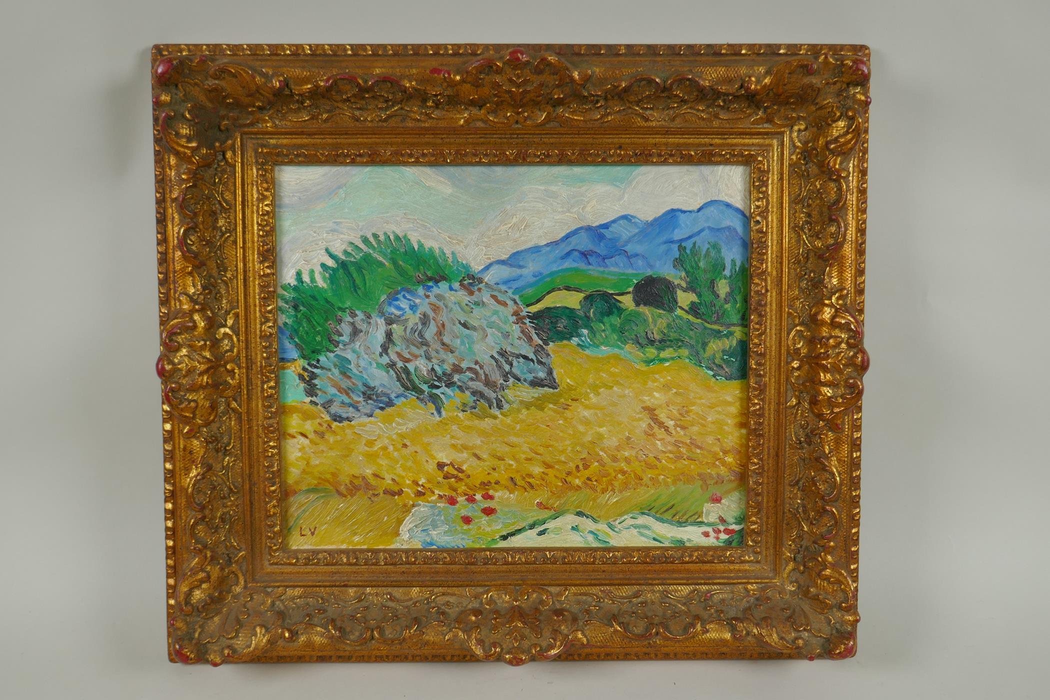 Impressionist style landscape, stamped initials L.V., mid C20th oil on board, 24 x 29cm - Image 2 of 4