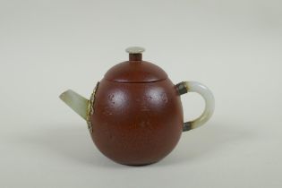 A Chinese YiXing teapot, mounted with grey hardstone handle, spout and knop, impressed mark to base,
