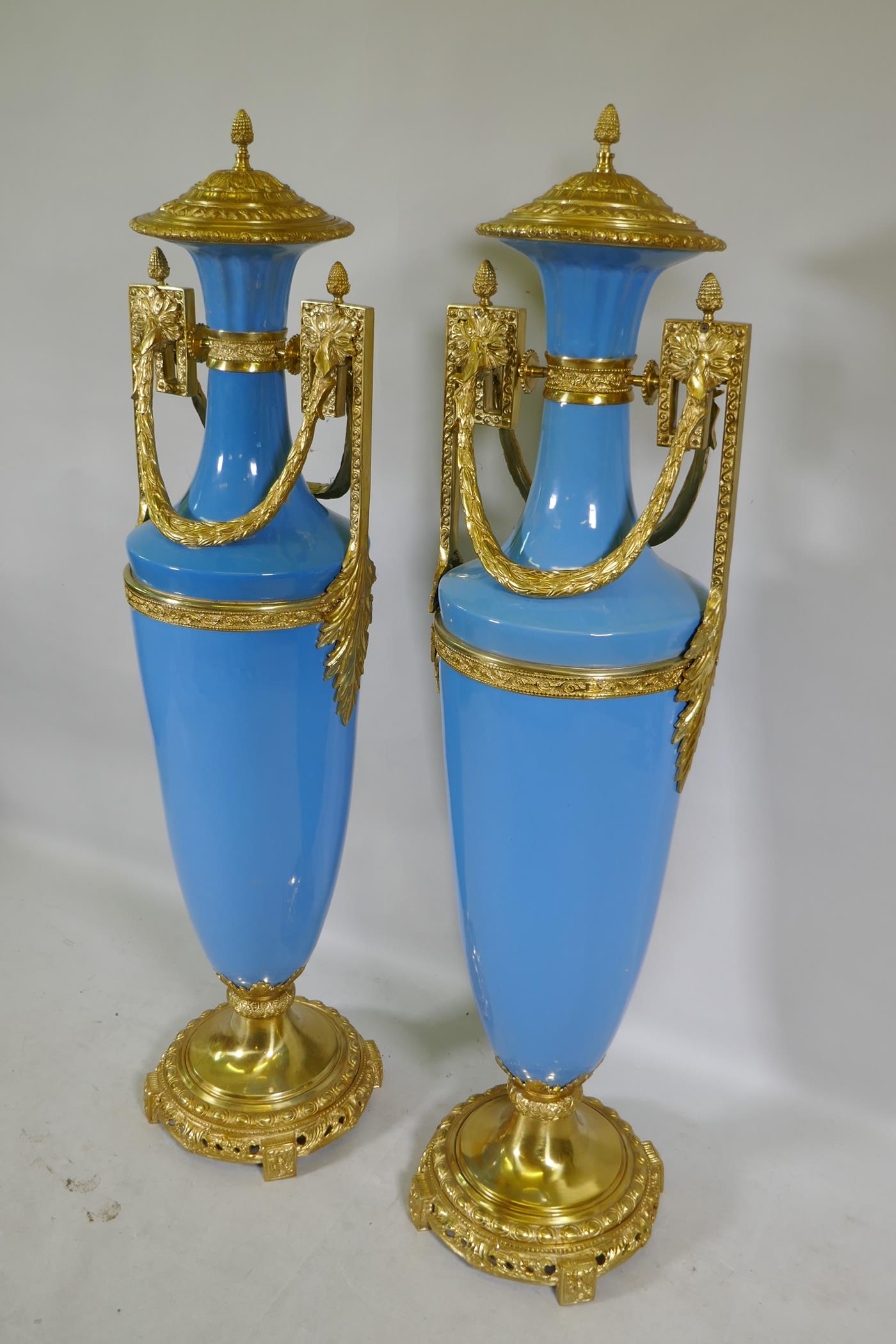 A large pair of Sevres blue style ceramic urns with ormolu mounts, 135cm high - Image 2 of 4
