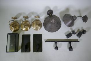 A quantity of assorted metal pennant and wall lamps, largest 34cm diameter