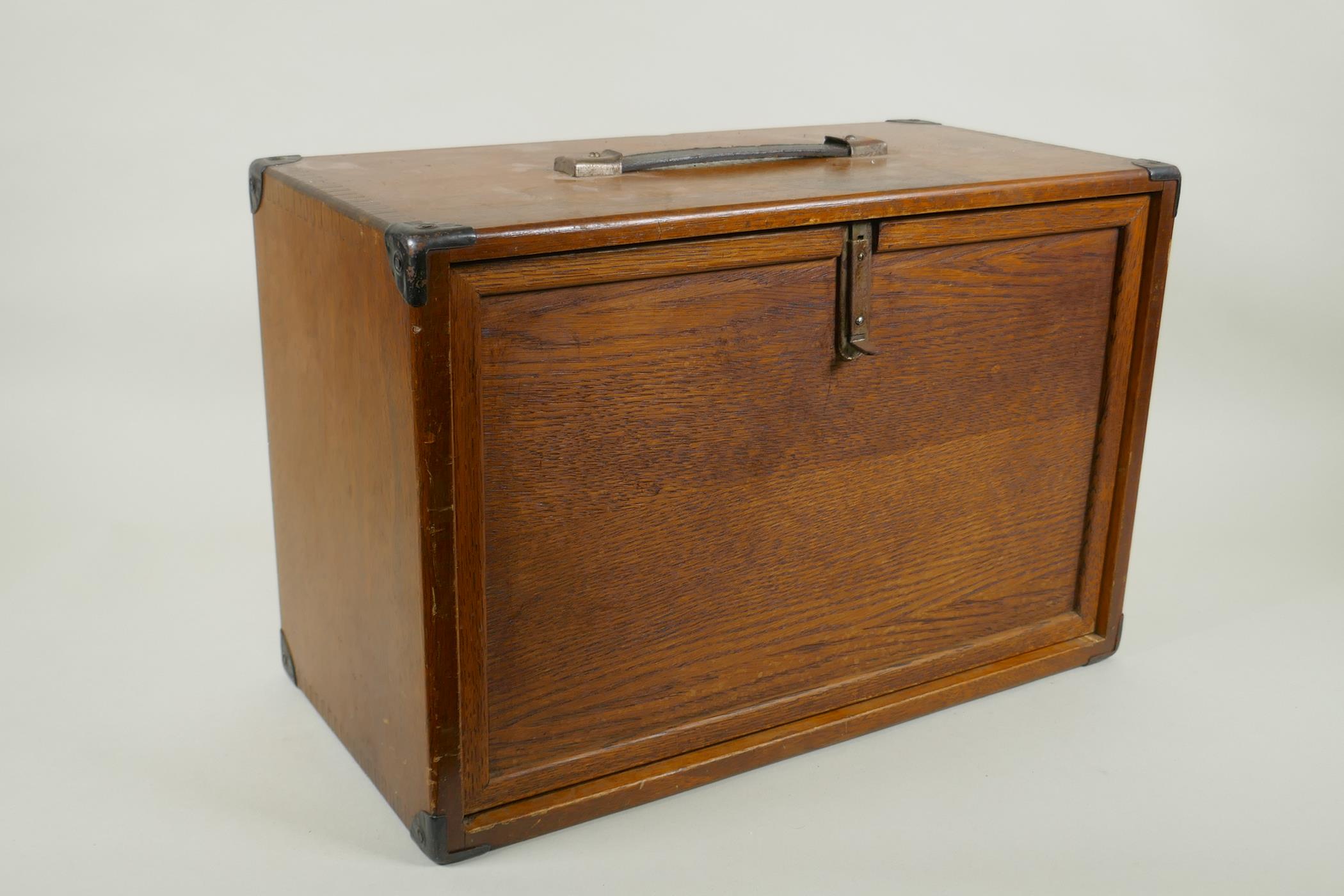 A vintage engineer's metal mounted tool chest with contents, 43 x 22cm, 29cm high - Image 3 of 3