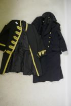 A Royal Navy officer's great coat, 126cm long, and dress tunic, 90cm long