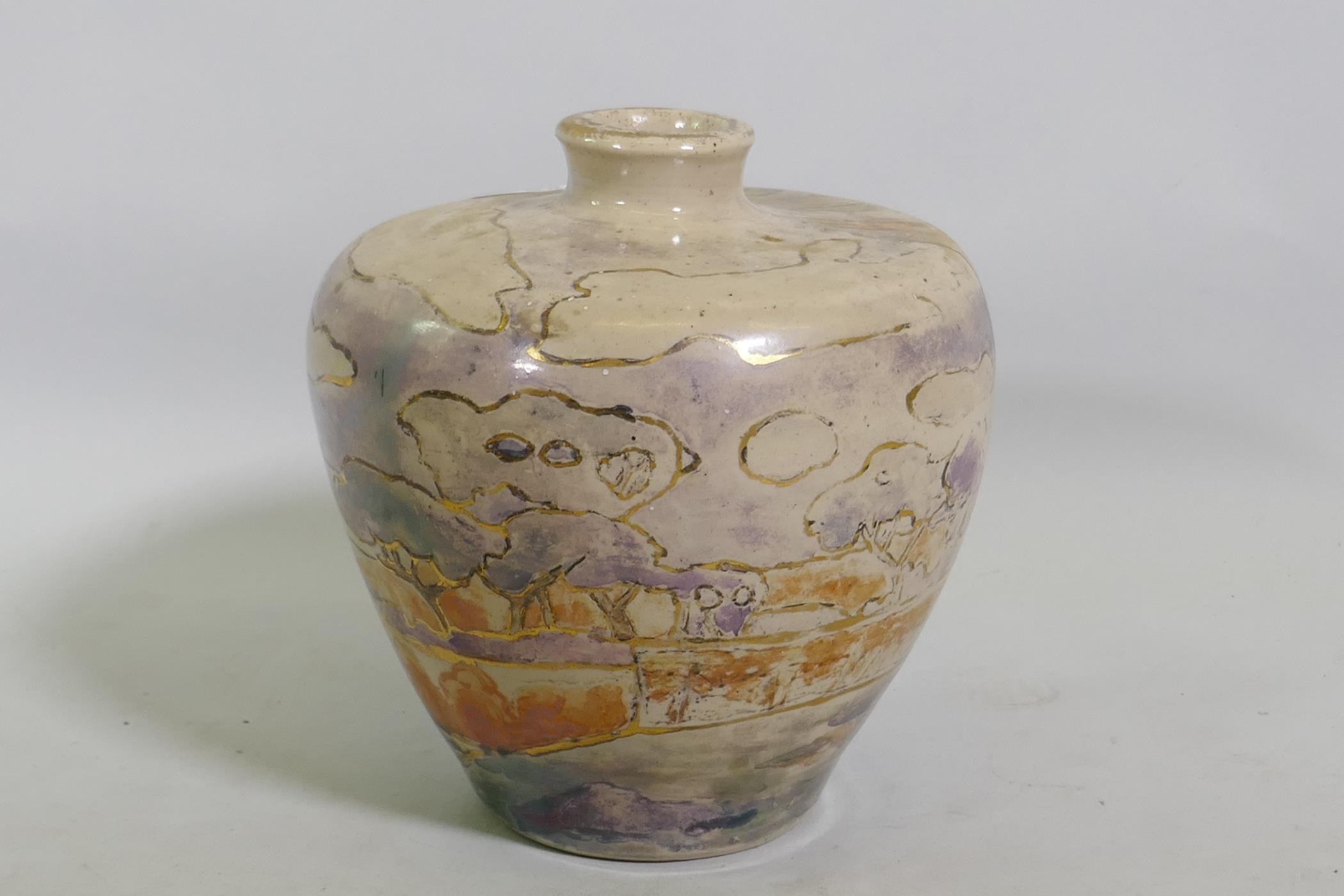 A studio pottery vase, decorated in lustre glaze with a landscape, unsigned, 17cm high - Image 3 of 6