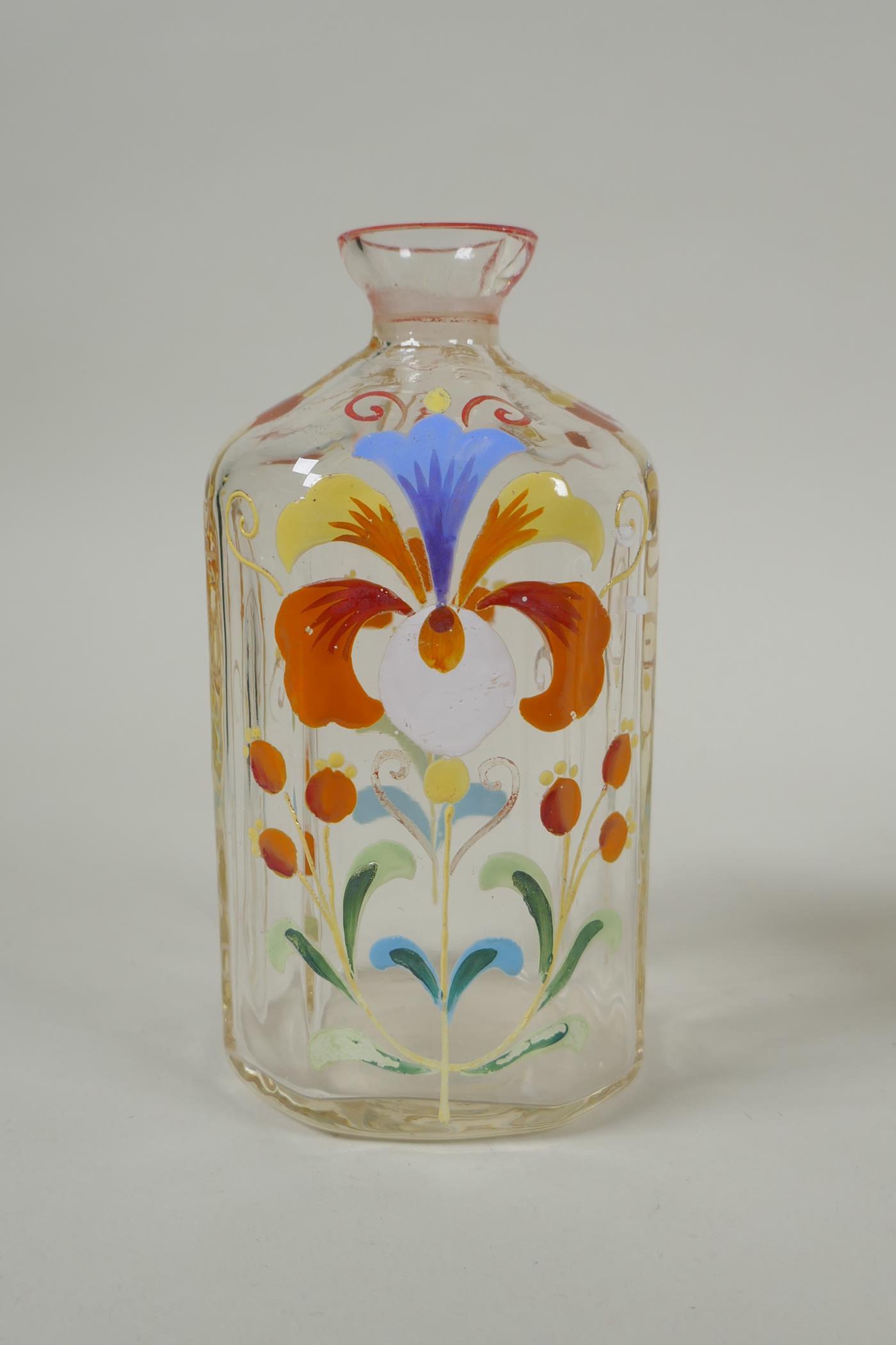 Two C18th/C19th enamelled Stiegel type glass bottles and a similar type perfume bottle, largest 18cm - Image 2 of 8