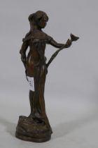 Bronze figure of a girl with a flower, impressed Lola, 32cm high