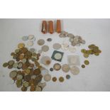 A quantity of U.S. silver quarter dollars, pre 1964, three silver dollars, two Mexican 25 pesos,