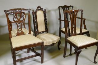 A Chippendale style elbow chair, two standard chairs, a balloon back and walnut high back nursing