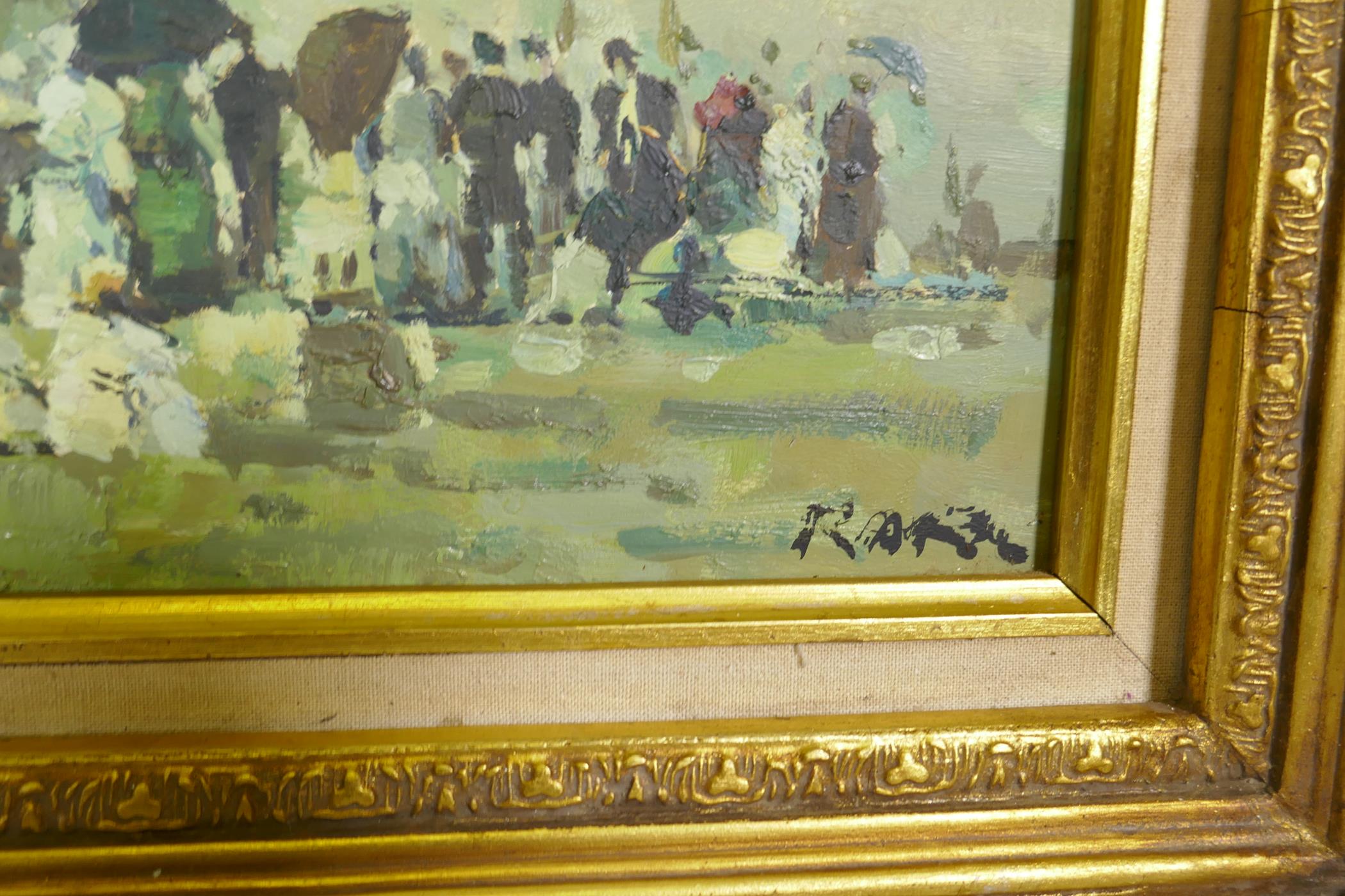 In the manner of Eugene Boudin, figures on a sea shore, signed Rarel?, a pair of oils on board, 40 x - Image 8 of 8