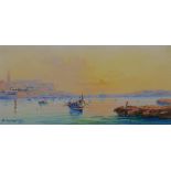 Maltese School, view of boats of Valletta Harbour at sunset, enhanced print?, 7.5 x 16cm