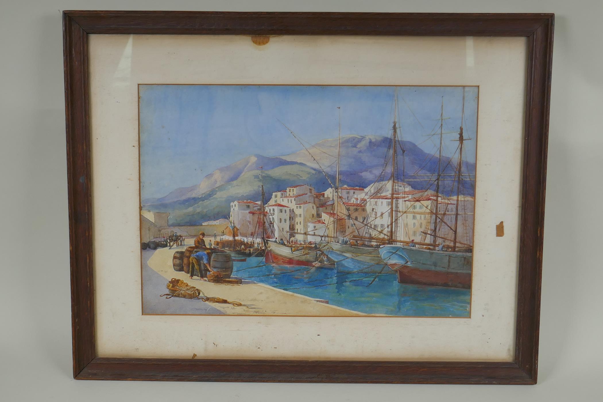 A C19th Italian port scene, watercolour, 38 x 26cm - Image 2 of 2