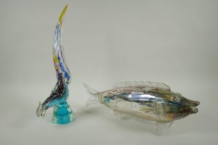 A Murano eglomise lustre glass carp, and a Murano glass peacock, carp 46cm long