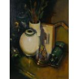 Ken Moroney, still life with toy train, signed, oil on canvas, 49 x 39cm