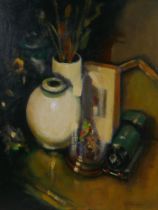 Ken Moroney, still life with toy train, signed, oil on canvas, 49 x 39cm