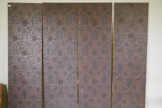 Four antique faux leather screen panels, painted embossed paper, laid on canvas, each panel 174 x