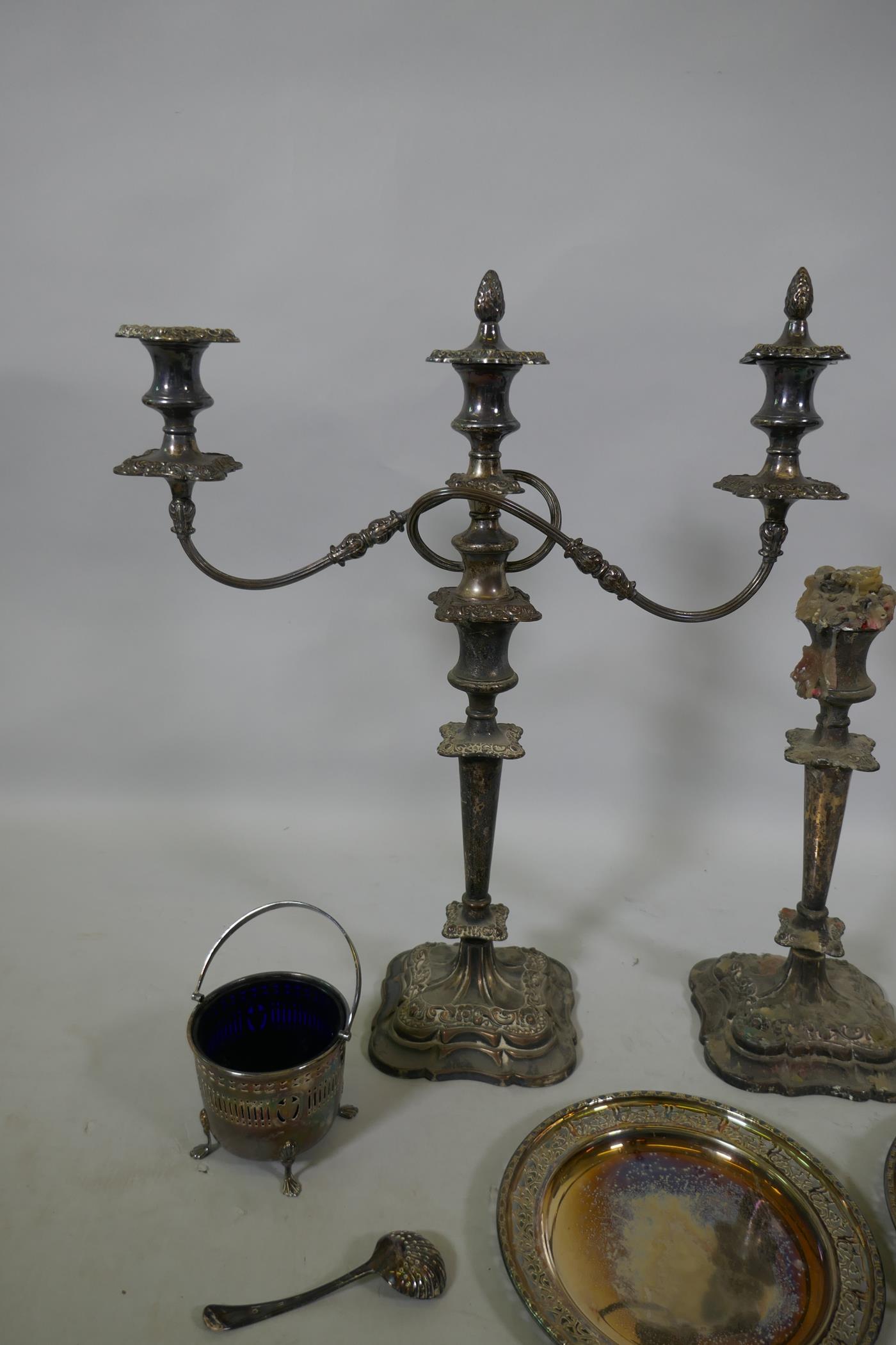 A pair of Sheffield silver plated candelabra, AF, 52cm high, a hallmarked silver backed hand mirror, - Image 3 of 3