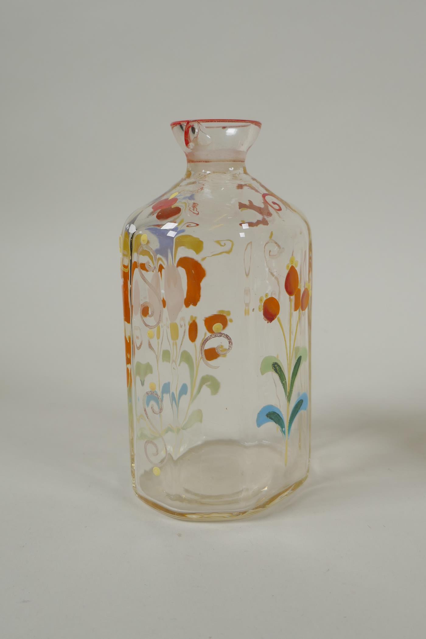 Two C18th/C19th enamelled Stiegel type glass bottles and a similar type perfume bottle, largest 18cm - Image 3 of 8