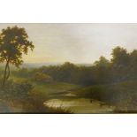 Landscape with fishermen on a river, unsigned, oil on canvas, relined and mounted in a gallery