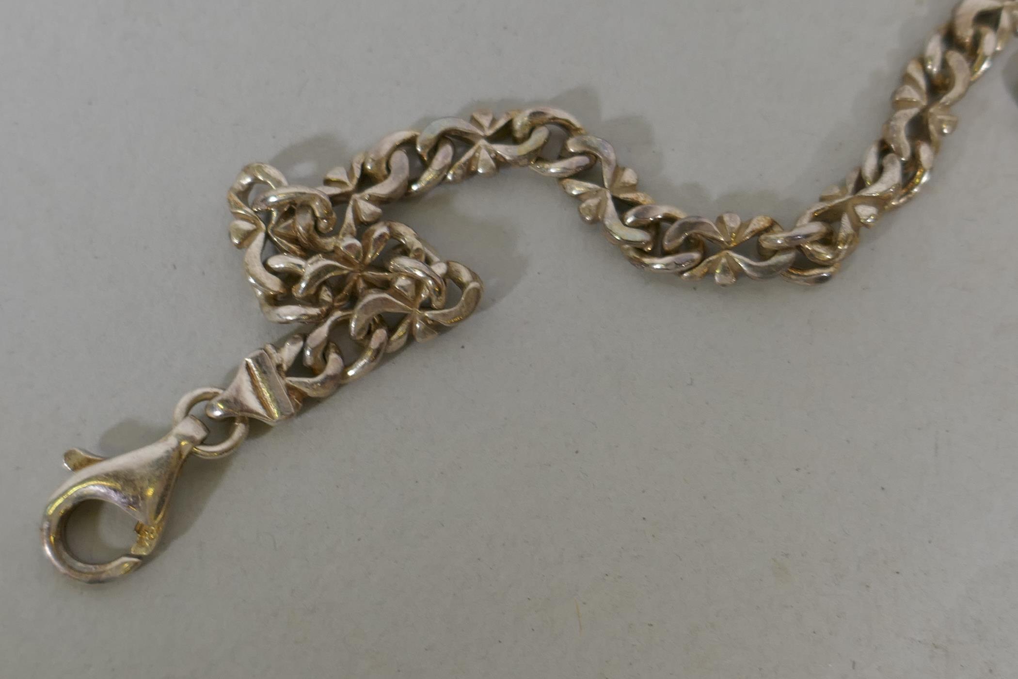 A contemporary enamel on white metal expanding bracelet, a silver bracelet and a gilt metal and - Image 3 of 5