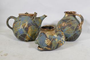 Bryan Newman for Aller Studio Pottery, an oversize teapot, jug and vessel, teapot 28cm high