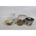 Bryan Newman for Aller Studio Pottery, two bowls, two dishes and a jug, 22cm high