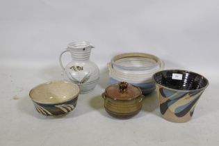 Bryan Newman for Aller Studio Pottery, two bowls, two dishes and a jug, 22cm high