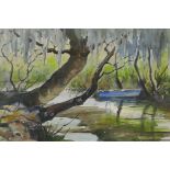 Edith Wyckoff Kuchler, river scene with boat, signed, watercolour, 55 x 37cm