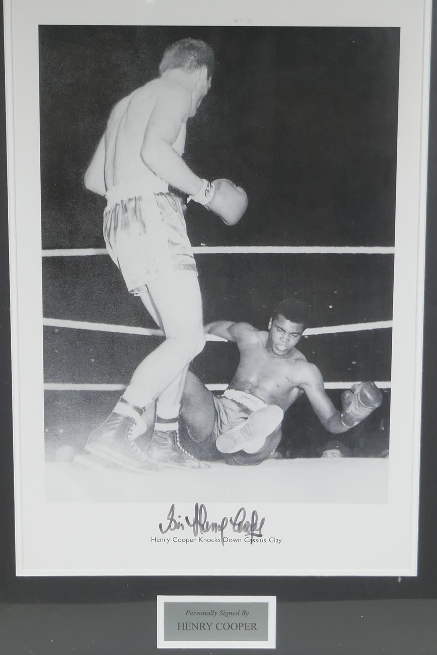 A framed signed photographic print of Henry Cooper knocking down Cassius Clay (Mohammed Ali) with - Image 2 of 5
