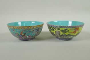 Two Chinese polychrome porcelain rice bowls decorated with auspicious animals, Qianlong seal mark