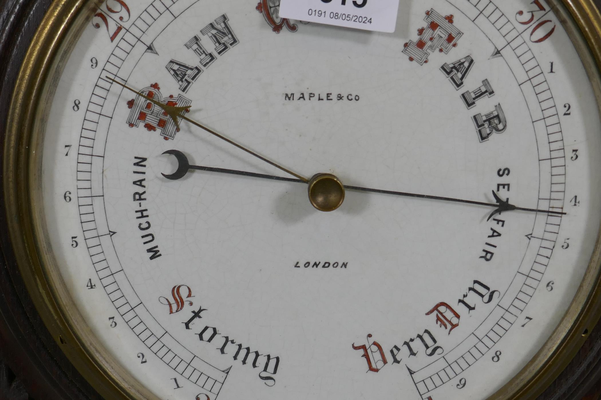 A late C19th/early C20th carved oak wall barometer, the dial inscribed Maple & Co, London, 90cm high - Image 2 of 3