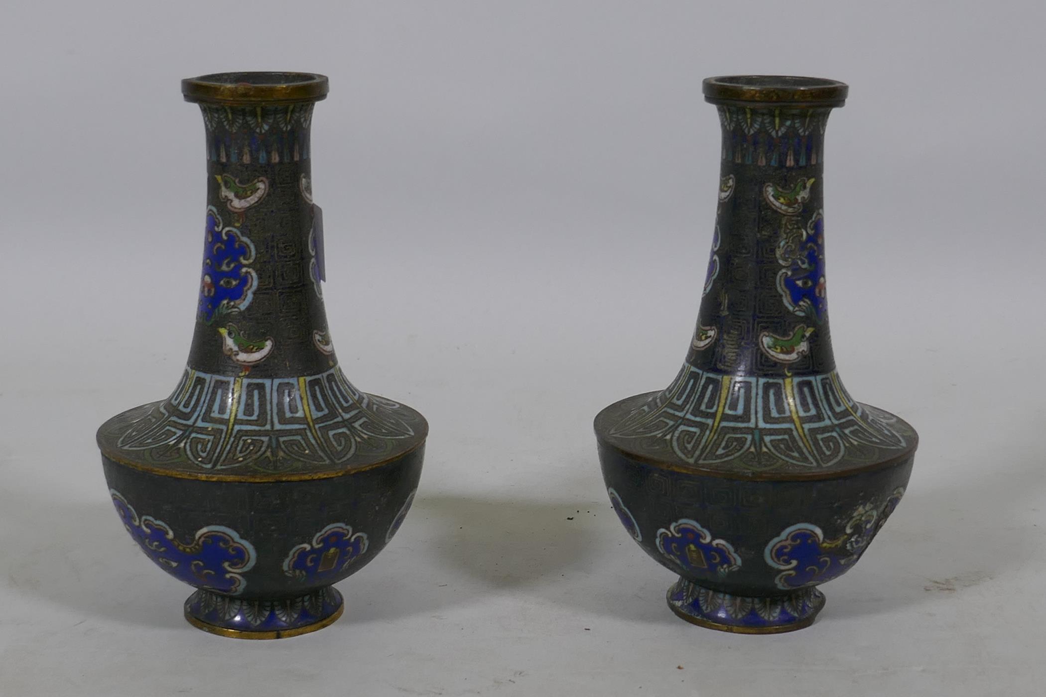 A pair of antique Chinese cloisonne vases, AF, 15cm high - Image 2 of 4
