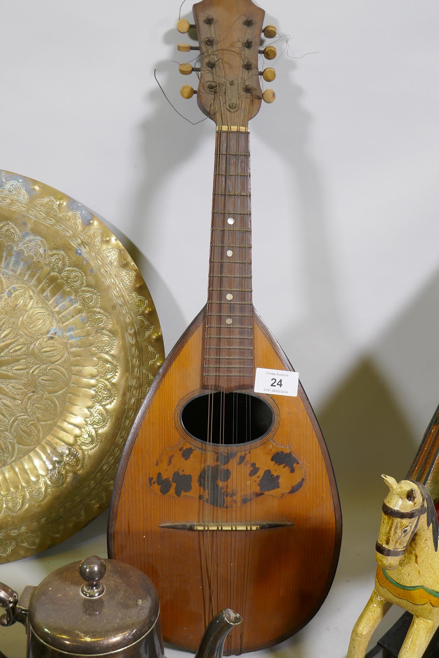 Antique eight string lute, AF, 61cm long, Cairo ware brass trays, copper pots, toy rocking horse etc - Image 3 of 6