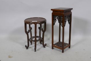 Two Chinese carved and pierced wood vase stands, tallest 33cm high