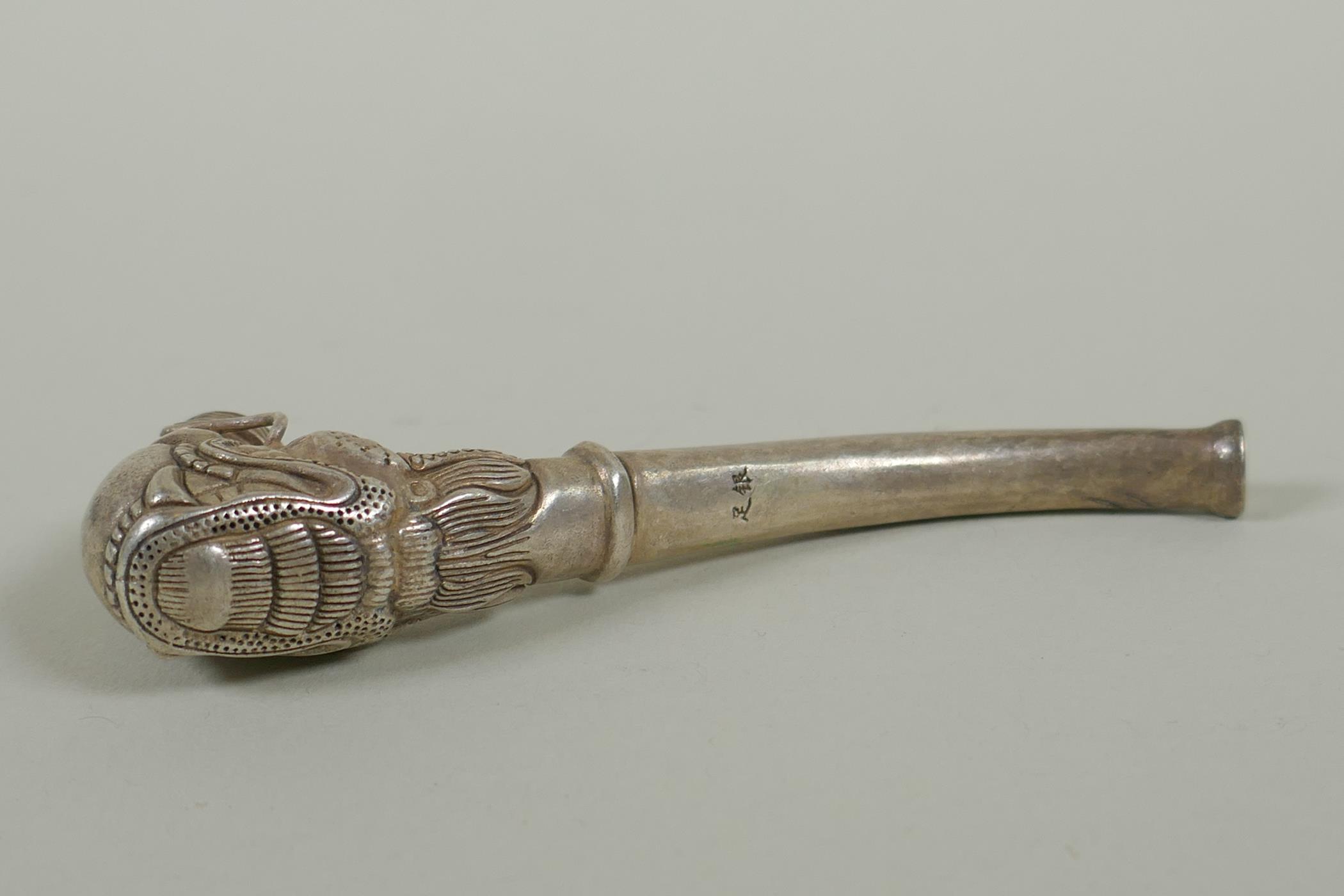 A Chinese white metal pipe with dragon head decoration, 10cm - Image 3 of 4