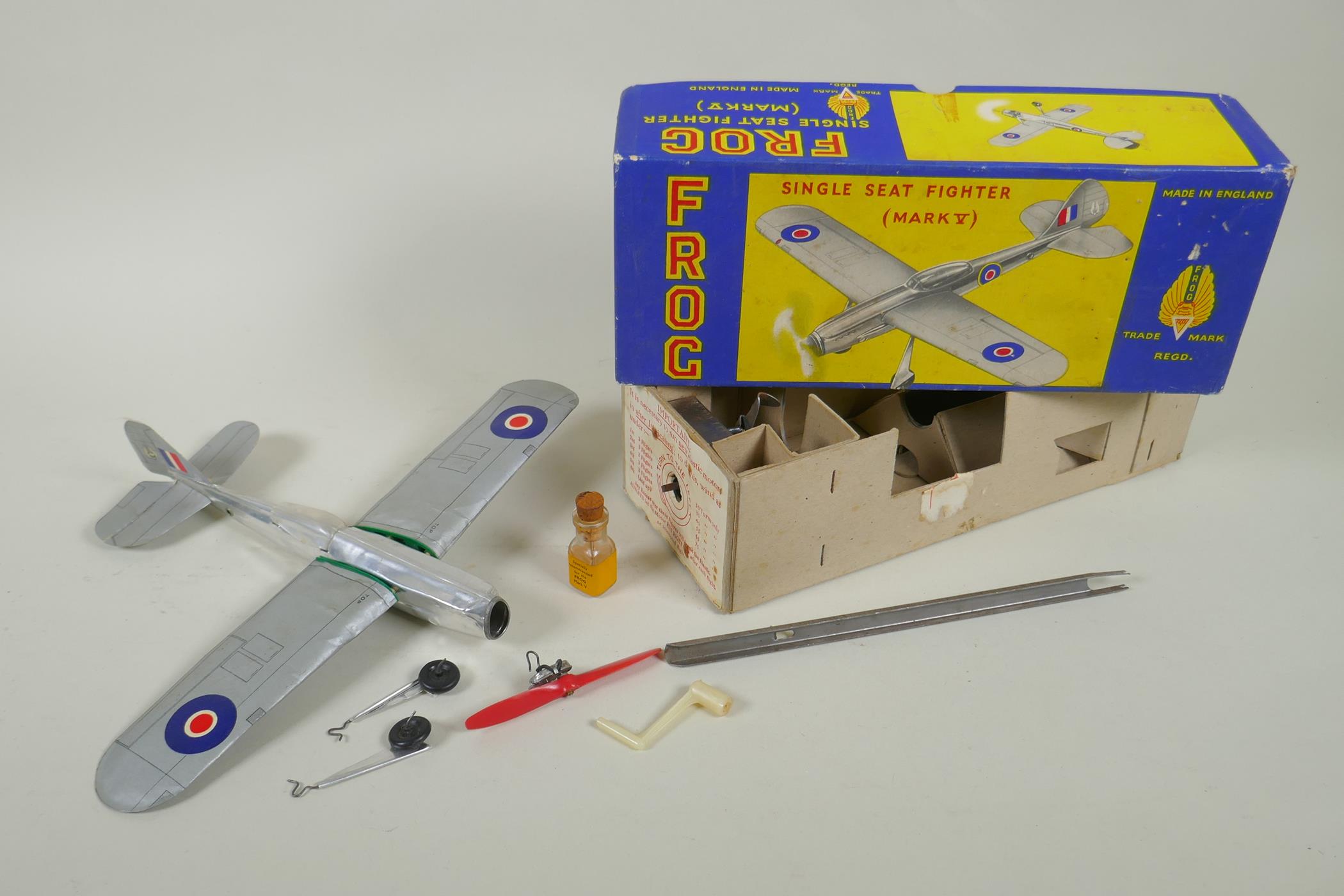 A vintage Frog single seat Fighter Mk V model aircraft, in original box, appears complete