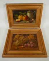 A.E. Sansom, still life studies with fruit, pair of signed oils on canvas, both 19 x 29cm