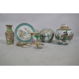 A C19th Chinese famille verte plate with enamel decoration, 24cm diameter, three jars (AF), vase,