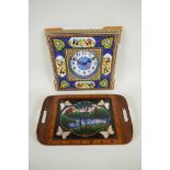 A Persian micro mosaic wall clock and a Brazilian butterfly tray depicting Rio, 36 x 22cm