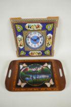 A Persian micro mosaic wall clock and a Brazilian butterfly tray depicting Rio, 36 x 22cm