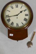 A mahogany cased drop dial fusee wall clock with enamelled dial, 47 x 36cm, dial 30cm diameter