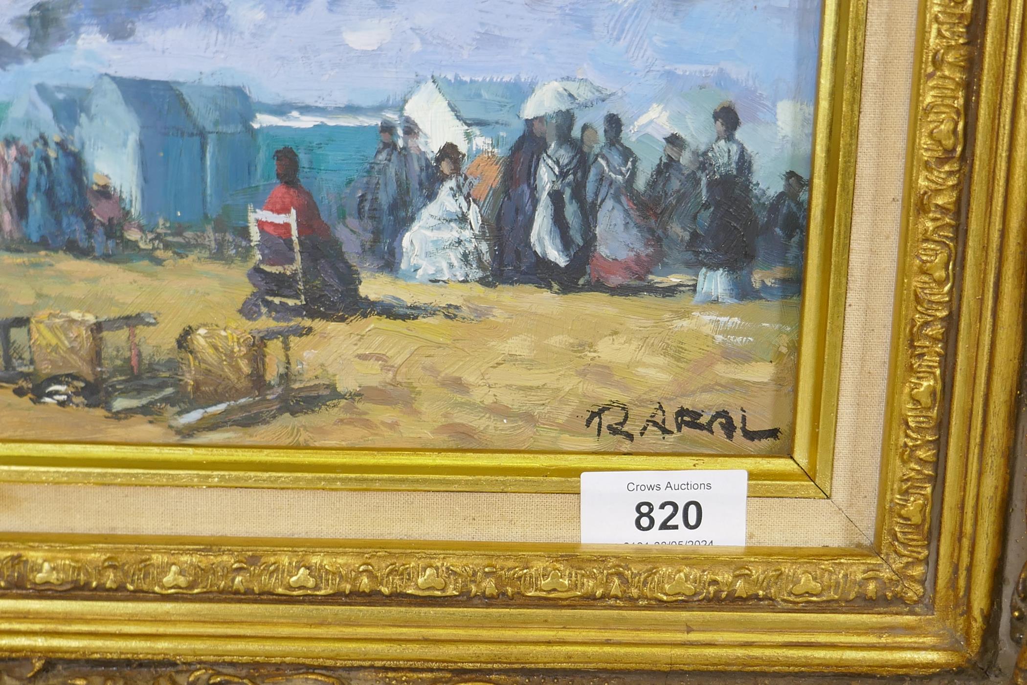 In the manner of Eugene Boudin, figures on a sea shore, signed Rarel?, a pair of oils on board, 40 x - Image 3 of 8