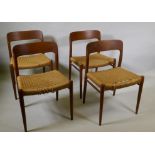 A set of four Danish mid century teak dining chairs, model No. 75 by Nils Moller, with sea grass