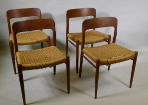 A set of four Danish mid century teak dining chairs, model No. 75 by Nils Moller, with sea grass