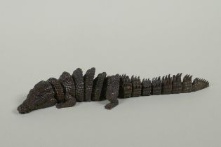 A Japanese Jizai style bronze okimono crocodile, 20cm long