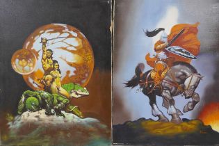 After Frank Frazetta, (American, 1928-2010), Princess of Mars and Outlaws of Torn, two unframed oils