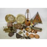 Antique eight string lute, AF, 61cm long, Cairo ware brass trays, copper pots, toy rocking horse etc