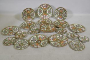 A collection of Cantonese famille verte export ware porcelain, largest plate 25cm diameter
