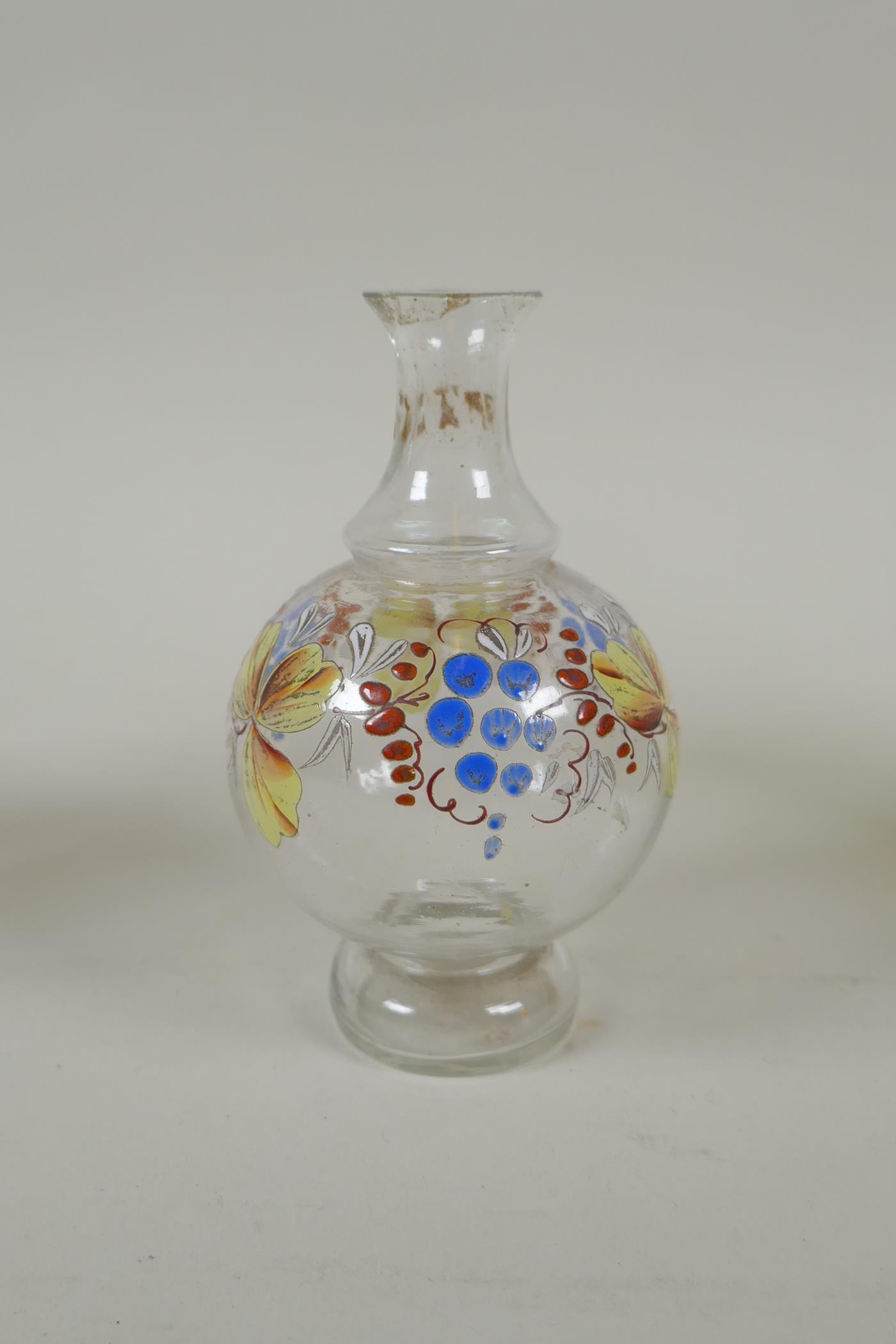 Two C18th/C19th enamelled Stiegel type glass bottles and a similar type perfume bottle, largest 18cm - Image 7 of 8